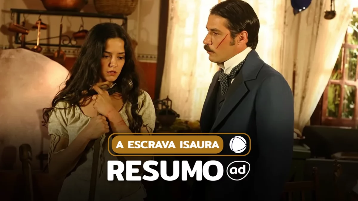 Leôncio olha para Isaura que está acorrentada e olhando para baixo em uma cozinha na arte do resumo de A Escrava Isaura
