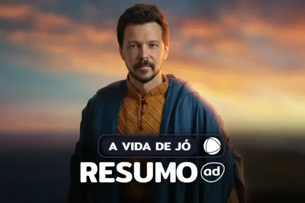 Protagonista da série em pé com roupas de gala na arte do resumo de A Vida de Jó