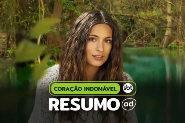 Protagonista da novela em frente a um rio com águas verdes e uma mata, na arte do resumo de Coração Indomável