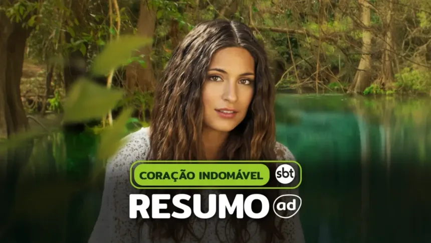 Protagonista da novela em frente a um rio com águas verdes e uma mata, na arte do resumo de Coração Indomável