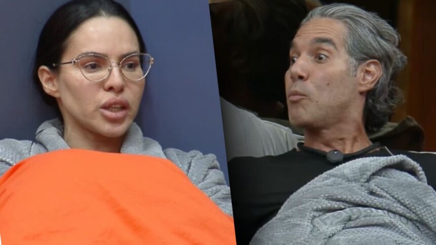 Uma montagem com duas fotos do programa A Fazenda 17. Na foto da esquerda, a participante Tamires, de óculos e roupão claro, fala intensamente em uma cama. Na foto da direita, o participante Fernando Sampaio, de cabelo grisalho e tiara, parece chocado enquanto ouve.