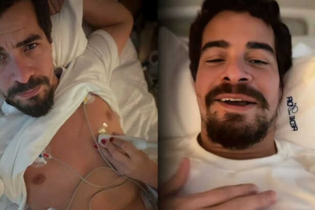 Thiago Martins com aparelhos médicos acoplados ao corpo