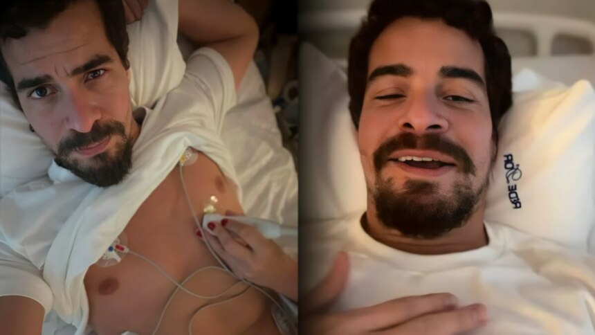 Thiago Martins com aparelhos médicos acoplados ao corpo
