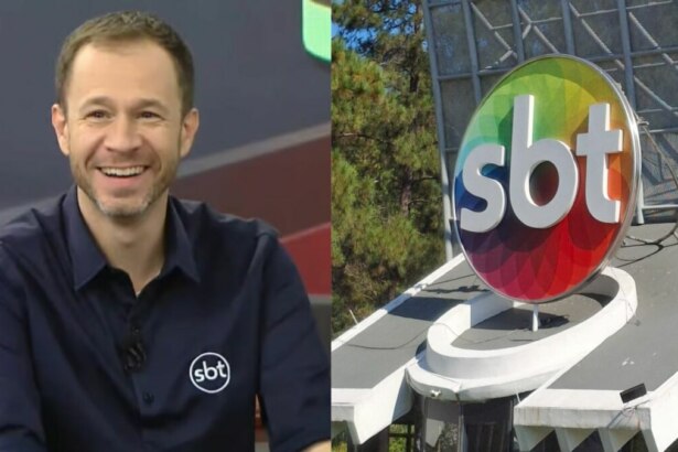 Tiago Leifert sorridente em uma montagem logo do SBT na fachada da sede da emissora