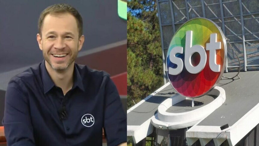 Tiago Leifert sorridente em uma montagem logo do SBT na fachada da sede da emissora