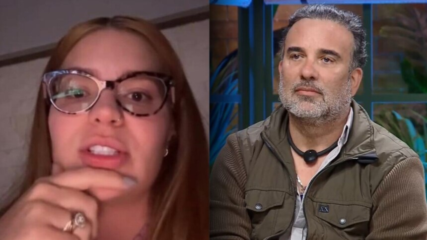 Montagem de Viih Tube, de óculos e com a mão no queixo, e seu pai, Fabiano Moraes, participante de A Fazenda, de jaqueta verde, em uma expressão séria.