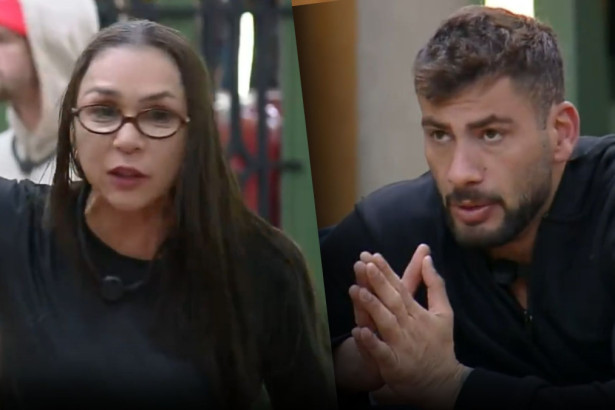 Montagem de Yoná gesticulando em meio a uma discussão e Nizam sério e com as mãos juntas, em uma cena da "treta" do reality show A Fazenda.