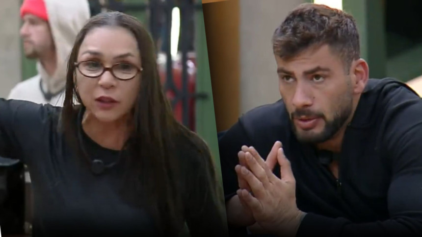 Montagem de Yoná gesticulando em meio a uma discussão e Nizam sério e com as mãos juntas, em uma cena da "treta" do reality show A Fazenda.