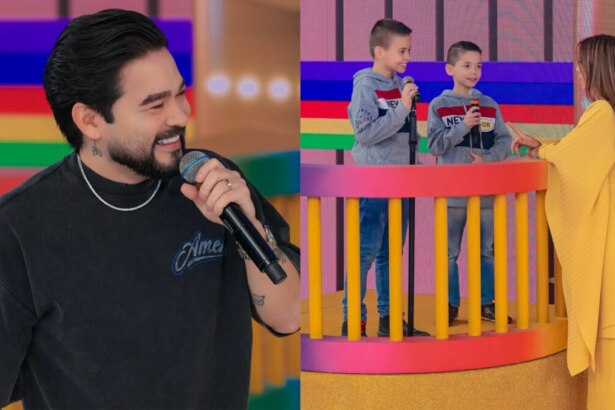 Montagem com Yudi Tamashiro sorrindo com um microfone, e duas crianças em uma estrutura redonda ao lado de Patricia Abravanel no palco da Porta da Esperança.