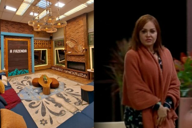 Montagem com a sede de A Fazenda 17 e Gabriela Spanic de roupa de frio supostamente na entrada da sede