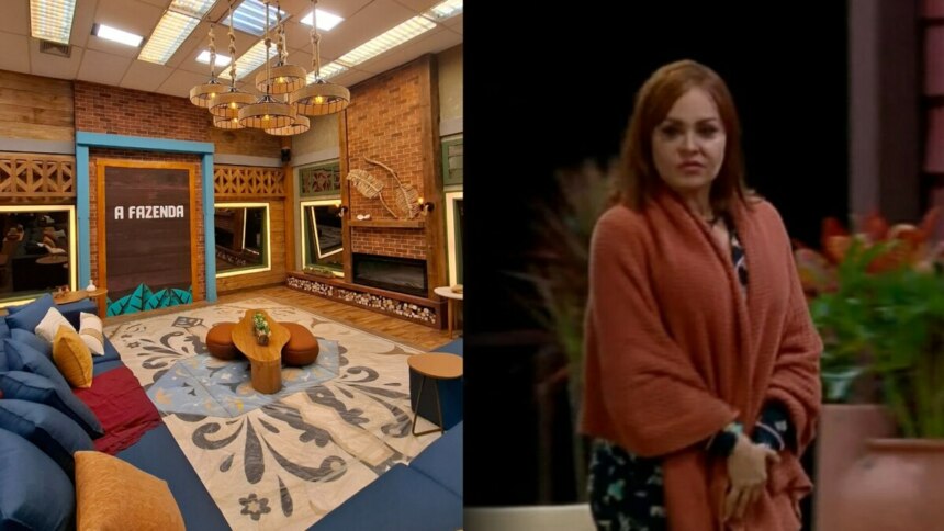 Montagem com a sede de A Fazenda 17 e Gabriela Spanic de roupa de frio supostamente na entrada da sede