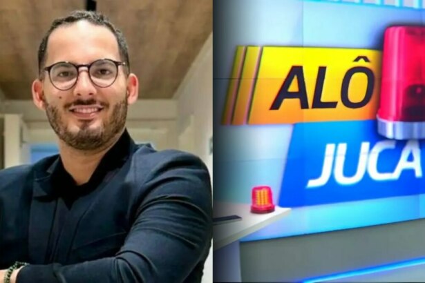 Diretor do Alô Juca Jamerson Oliveira em um corredor de TV . dividindo tela com o logo do programa Alô Juca