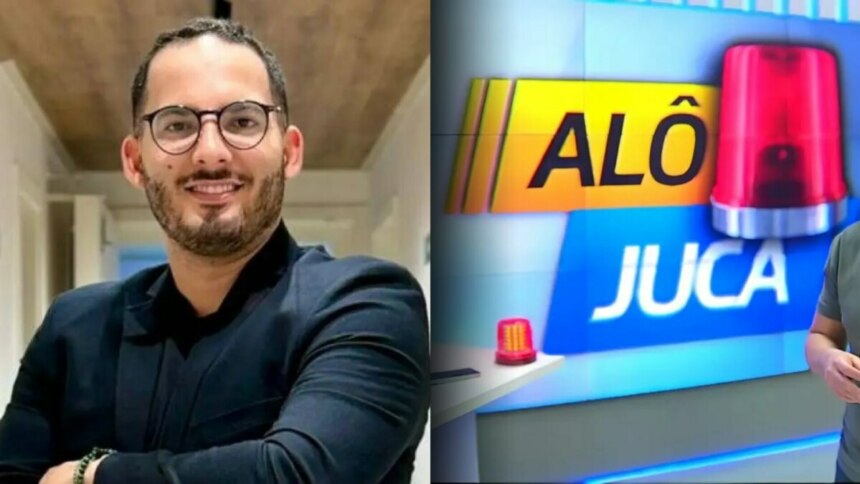 Diretor do Alô Juca Jamerson Oliveira em um corredor de TV . dividindo tela com o logo do programa Alô Juca