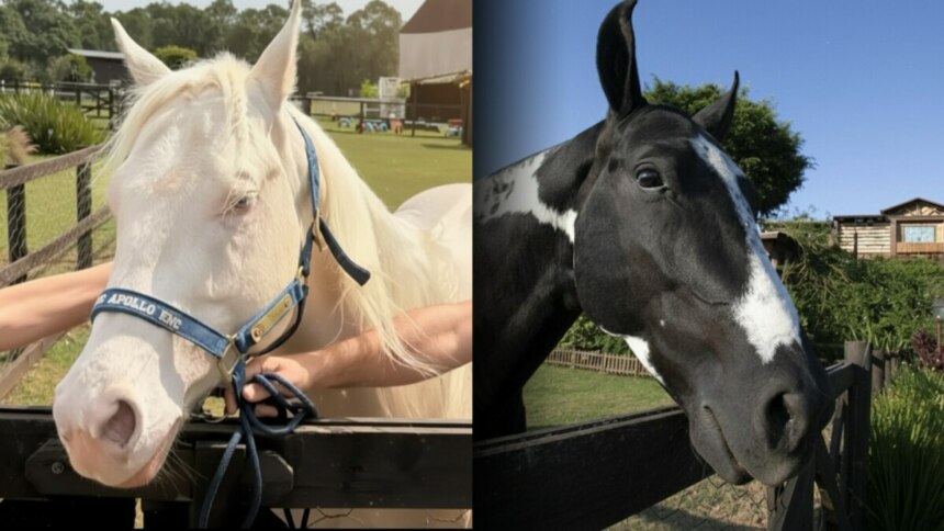 Cavalo branco Apolo e Colorado, preto e branco, no cercado de A Fazenda