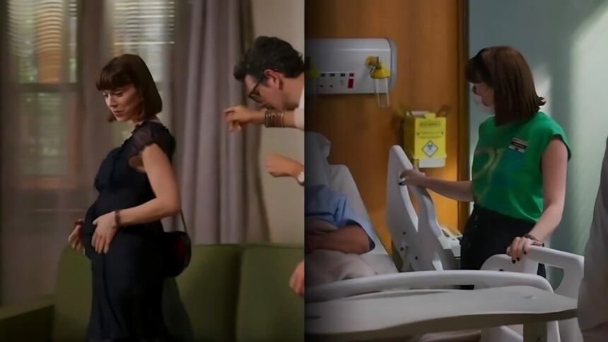 Alice Wegmann, a intérprete de Solange, caminha segurando a barriga de grávida. Na outra cena aparece no hospital sem a barriga em cenas de Vale Tudo