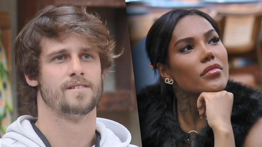Matheus e Carol olhando para o telão de A Fazenda 17
