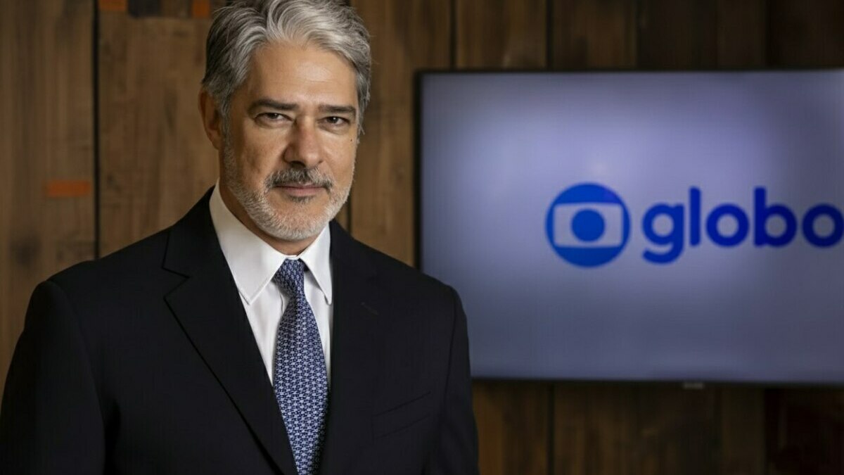 William Bonner sério em frente ao telão com o logo da TV Globo