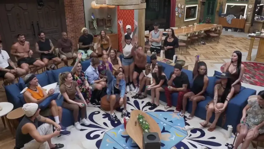 Participantes na sala de A Fazenda 17 levantam as bolas azuis