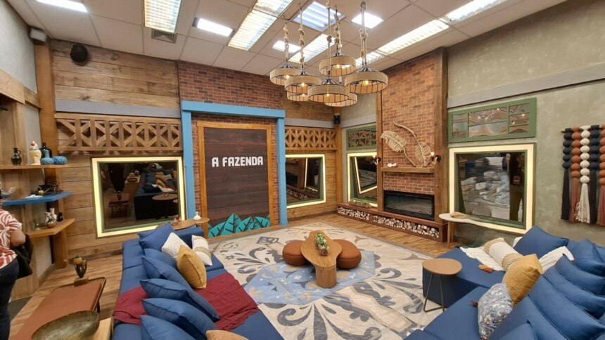 Sala de A Fazenda 17 sem nenhum participante, apenas com a decoração rústica
