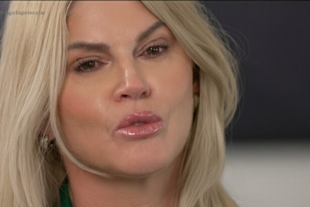Rosto de Val Marchiori com os olhos cheios de lágrimas em entrevista ao Domingo Espetacular