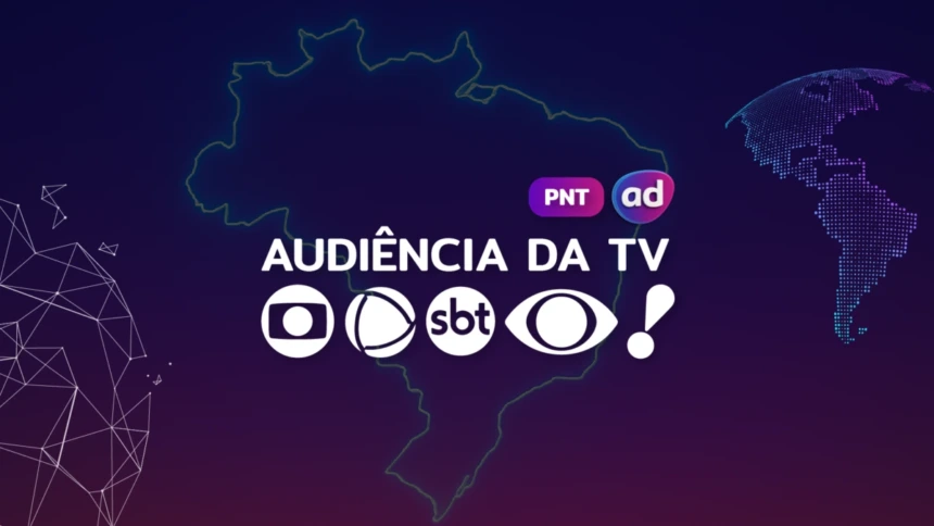Logo das emissoras TV Globo, RECORD, SBT, Band e RedeTV! na arte dos consolidados de Audiência da TV. Ao fundo a o mapa do Brasil representando o PNT