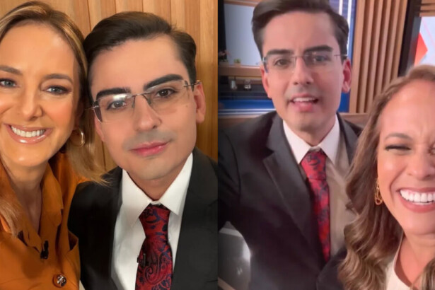 Ticiane Pinheiro ao lado de Dudu e Renata Alves também em selfie com o apresentador no cenário do Hoje em Dia na RECORD