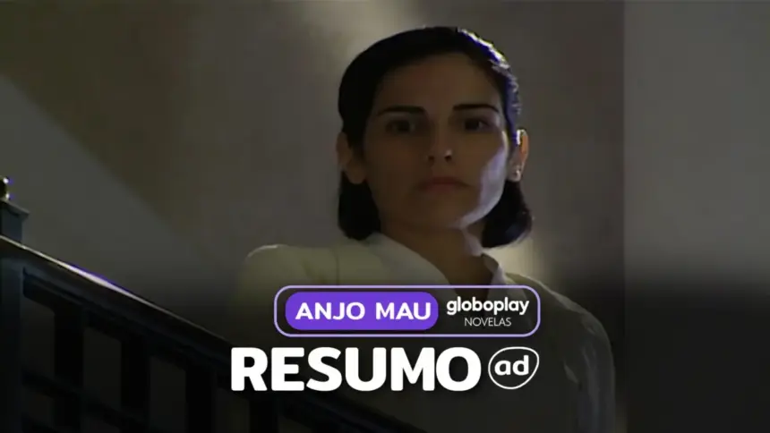 Nice olha da saca em cena da novela Anjo Mau como fundo de um design gráfico para o resumo de Anjo Mau