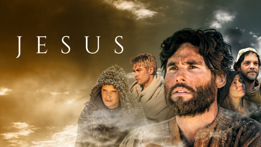 Pôster com os principais personagens da novela Jesus e Dudu Azevedo no centro