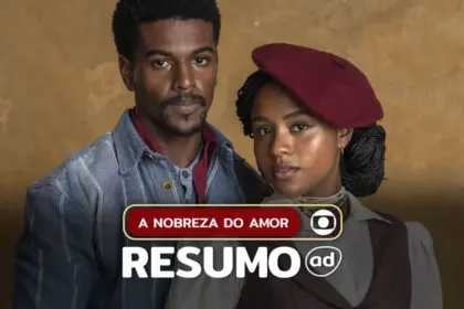 Casal de protagonistas Tonho (Ronald Sotto) e Alika (Duda Santos) como plano de fundo da arte do resumo da novela A Nobreza do Amor