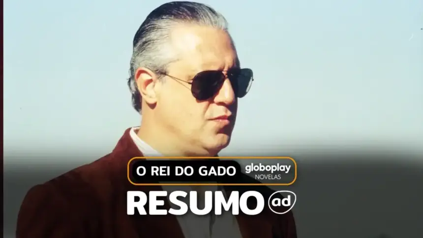 Bruno Mezenga (Antonio Fagundes) com óculos escuro na arte do resumo de O Rei do Gado