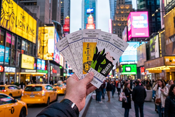 Mão segura ingressos de musicais da Broadway comprados no Hellotickets na avenida de Nova York