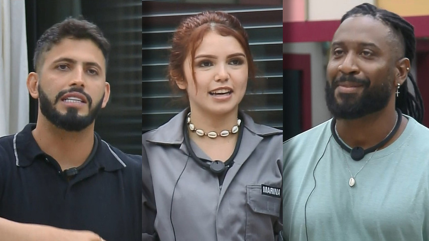 Jovan, Marina e Skova em pé na sala de convivência da Casa do Patrão pedindo votos para ficarem no programa