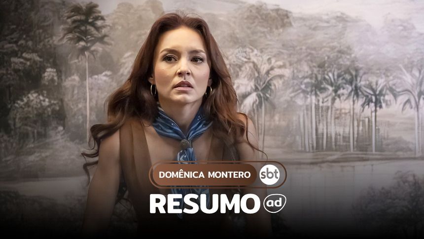 Domênica Montero olha assustada em um escritório na arte do resumo da novela Domênica Montero