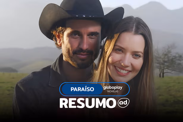 MARIA RITA (Nathalia Dill) e ZECA (Eriberto Leão) lado a lado e sorridentes na arte do resumo de Paraíso