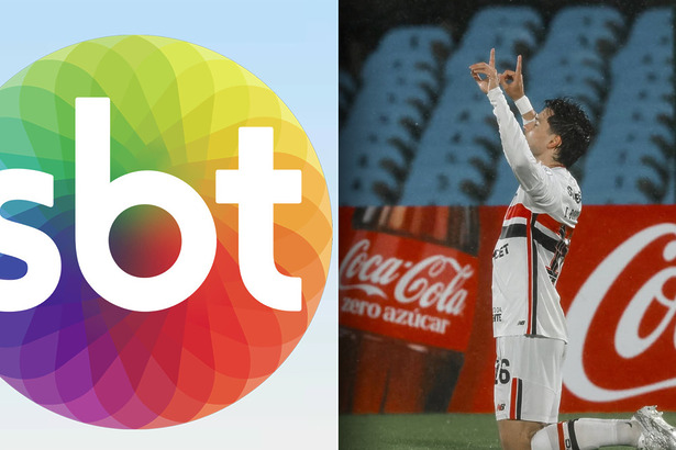 Logo do SBT dividindo tela com o jogador Damián Bobadilla, do Saõ Paulo, no chão levantando o dedo para o céu para comemorar o gol na Sul-Americana