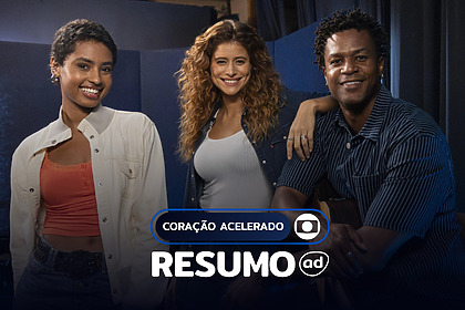 Eduarda (Gabz), Agrado (Isadora Cruz) e Leandro (David Junior) na arte do resumo de Coração Acelerado