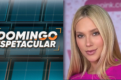 Montagem com logo do Domingo Espetacular ao lado de Virginia Fonseca que veste camisa da WePink